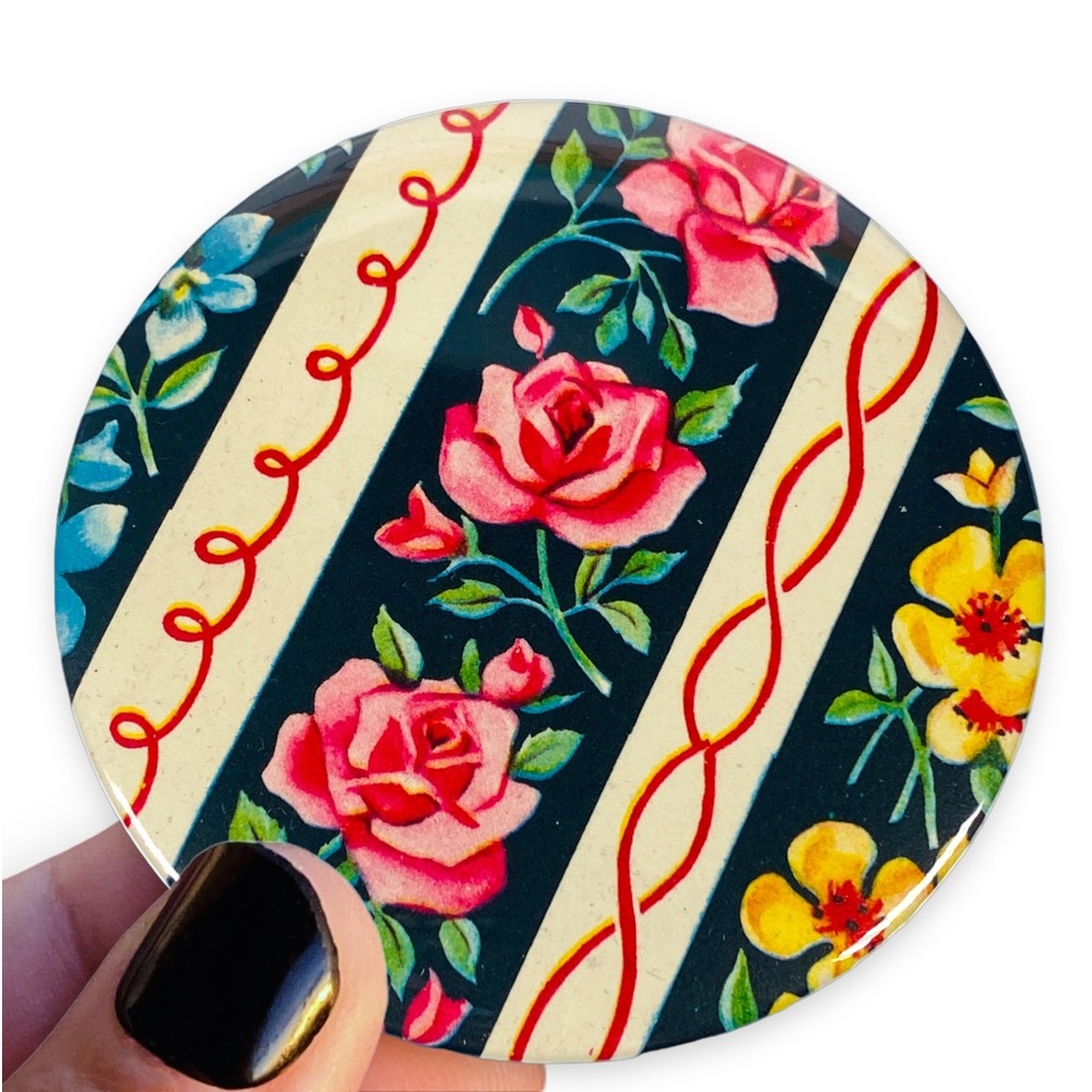 Vintage Upcycled 1950s Wrapping Paper Pocket Makeup Mirror 3"